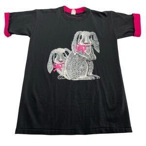 Vintage 80s Black Pink Grandma Style Bunny Rabbit T-Shirt, Size M, Made in USA